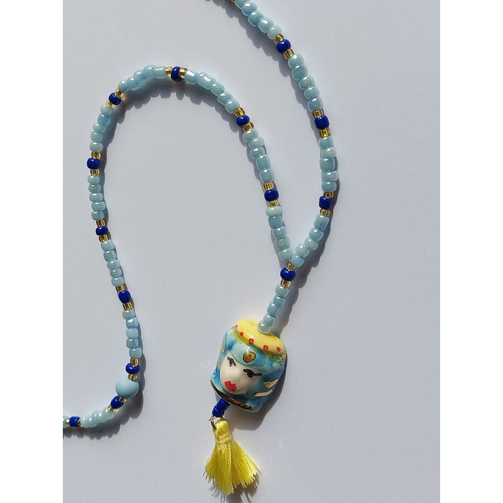 Sicilian style 3 color beaded necklace with ceramic hand-painted charm and in ceramic with a yellow tassel
