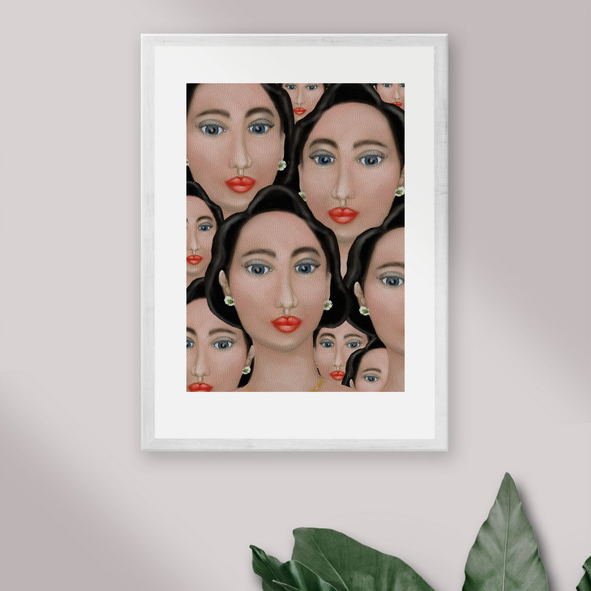 100 FACES print hanging on a wall