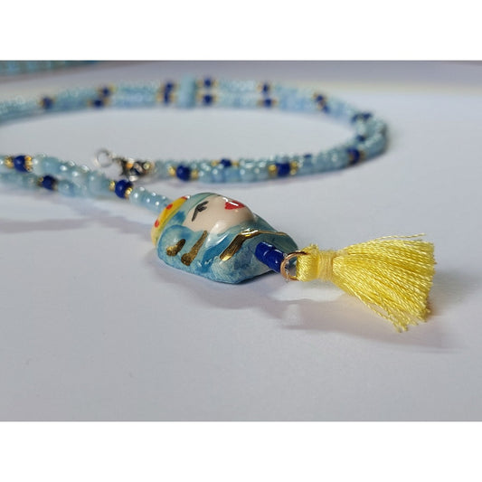 Sicilian style 3 color beaded necklace with ceramic hand-painted charm and in ceramic with a yellow tassel